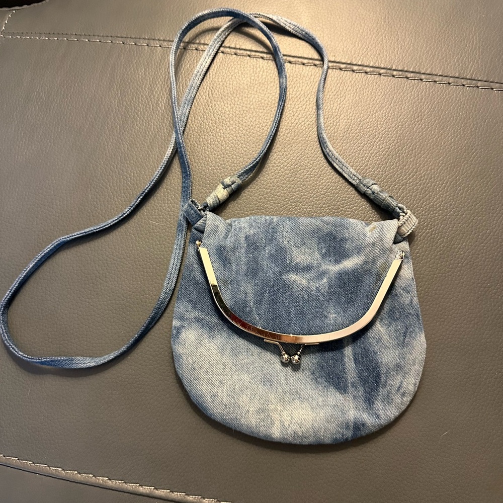 Olsenboye Distressed Denim Mini Hobo Silver Kiss Lock Bohemian coffee stain